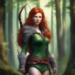 A beautiful red-haired huntress dressed in a fur outfit, standing confidently in a lush forest