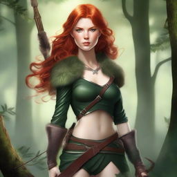 A beautiful red-haired huntress dressed in a fur outfit, standing confidently in a lush forest