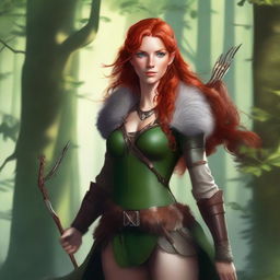 A beautiful red-haired huntress dressed in a fur outfit, standing confidently in a lush forest