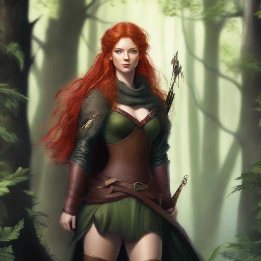 A beautiful red-haired huntress dressed in a fur outfit, standing confidently in a lush forest