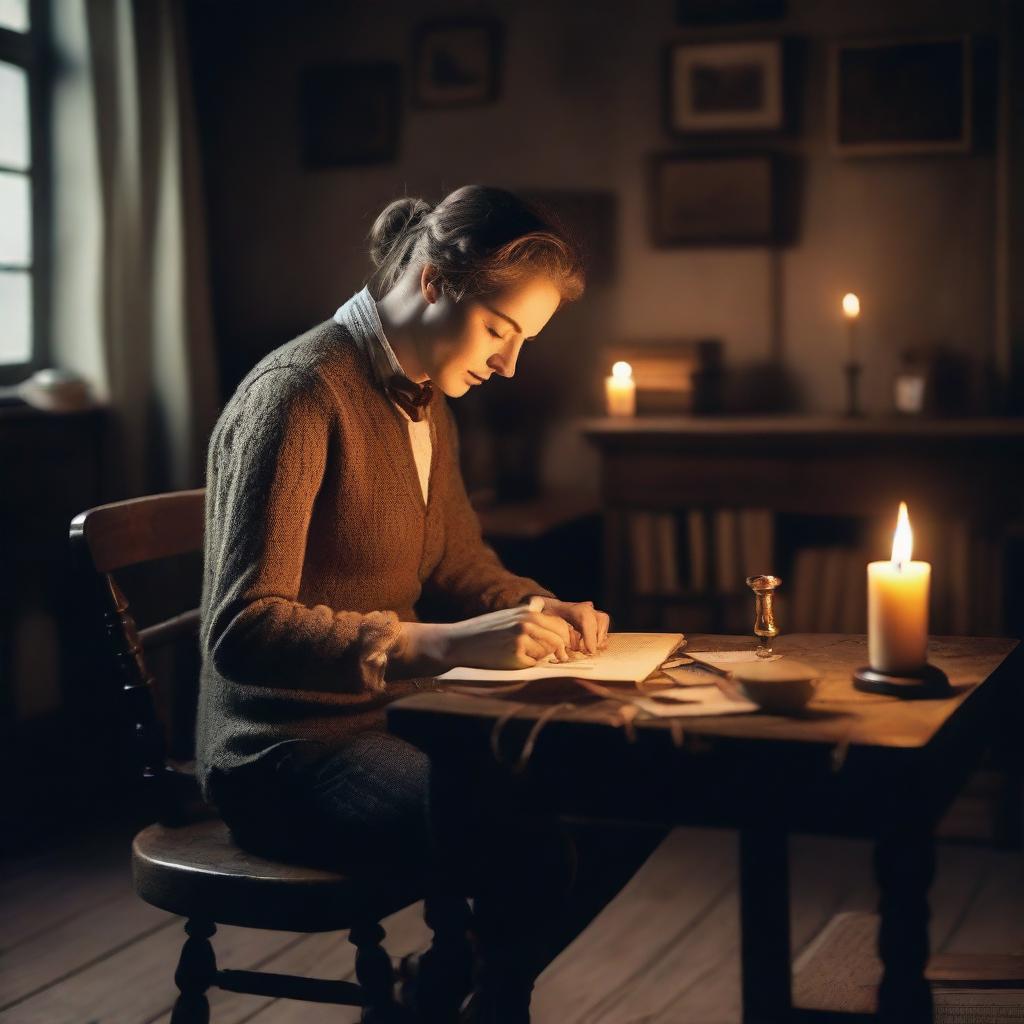 A writer is sitting at an antique wooden desk, writing a historical romance story