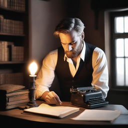 A writer is sitting at an antique wooden desk, writing a historical romance story