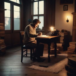 A writer is sitting at an antique wooden desk, writing a historical romance story