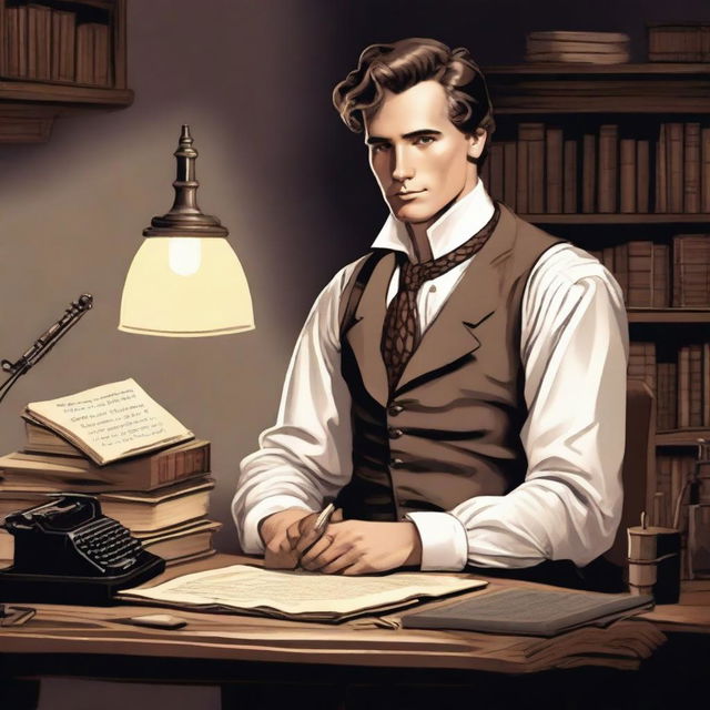 A detailed illustration of a male writer wearing historical period clothing