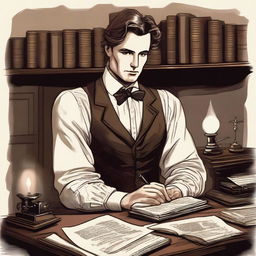 A detailed illustration of a male writer wearing historical period clothing