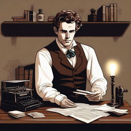 A detailed illustration of a male writer wearing historical period clothing