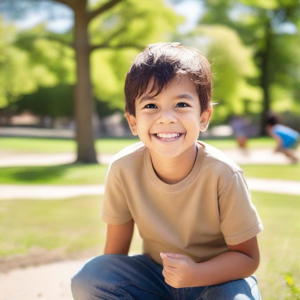 A young boy with a cheerful expression, wearing casual clothes and playing outside in a park on a sunny day