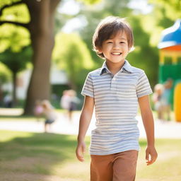 A young boy with a cheerful expression, wearing casual clothes and playing outside in a park on a sunny day