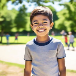 A young boy with a cheerful expression, wearing casual clothes and playing outside in a park on a sunny day