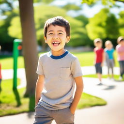 A young boy with a cheerful expression, wearing casual clothes and playing outside in a park on a sunny day