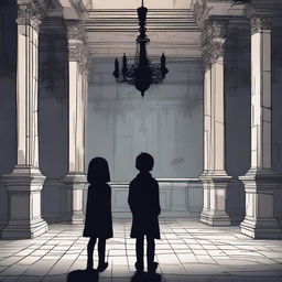 A boy and a girl standing in a haunted palace