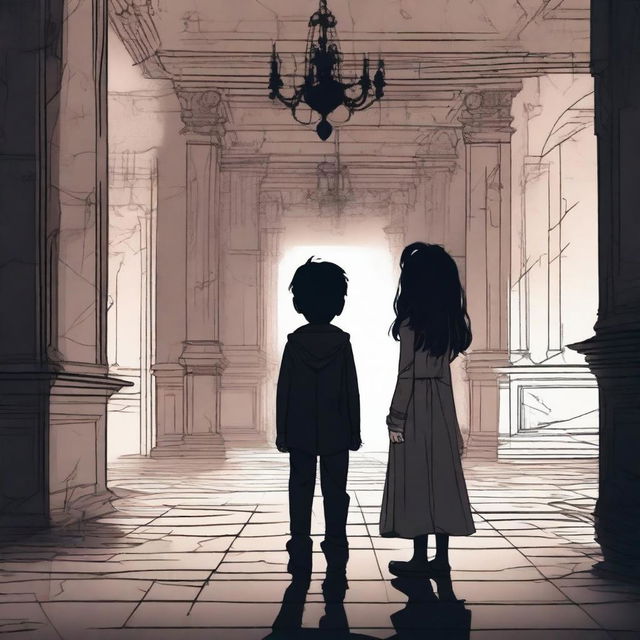 A boy and a girl standing in a haunted palace