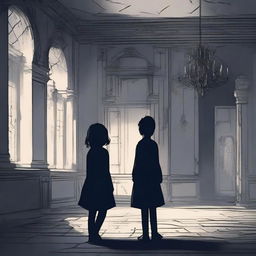 A boy and a girl standing in a haunted palace