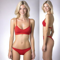 A skinny blonde woman with medium breasts, wearing a small red top and very small tangas