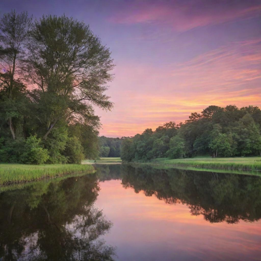 An idyllic landscape at twilight with a tranquil river, lush trees reflecting off the water, and a dazzling palette of sunset hues in the sky.