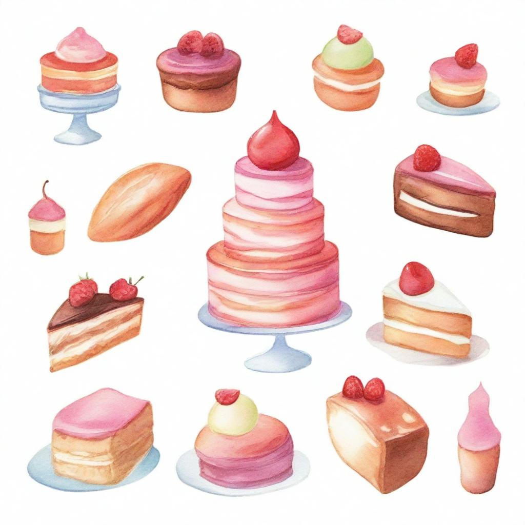 A beautiful display of various delicious desserts, including cakes, pastries, and cookies, painted in a delicate watercolor style