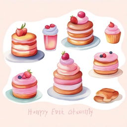 A beautiful display of various delicious desserts, including cakes, pastries, and cookies, painted in a delicate watercolor style