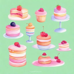 A beautiful display of various delicious desserts, including cakes, pastries, and cookies, painted in a delicate watercolor style