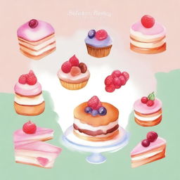 A beautiful display of various delicious desserts, including cakes, pastries, and cookies, painted in a delicate watercolor style