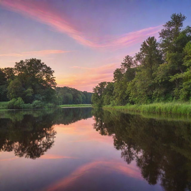 An idyllic landscape at twilight with a tranquil river, lush trees reflecting off the water, and a dazzling palette of sunset hues in the sky.