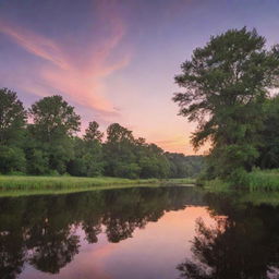 An idyllic landscape at twilight with a tranquil river, lush trees reflecting off the water, and a dazzling palette of sunset hues in the sky.