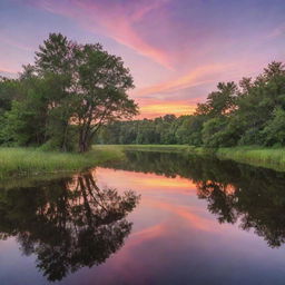 An idyllic landscape at twilight with a tranquil river, lush trees reflecting off the water, and a dazzling palette of sunset hues in the sky.