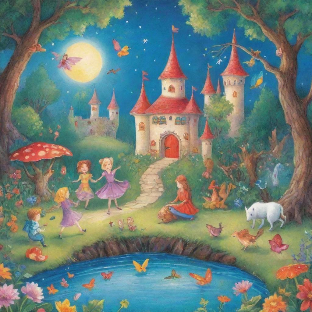 A vibrant illustration featuring a collection of enchanting fairy tales for children. Include a brightly colored storybook with classic characters, magical creatures, and whimsical elements.