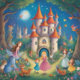 A vibrant illustration featuring a collection of enchanting fairy tales for children. Include a brightly colored storybook with classic characters, magical creatures, and whimsical elements.