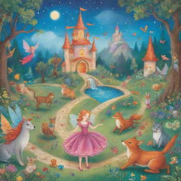 A vibrant illustration featuring a collection of enchanting fairy tales for children. Include a brightly colored storybook with classic characters, magical creatures, and whimsical elements.