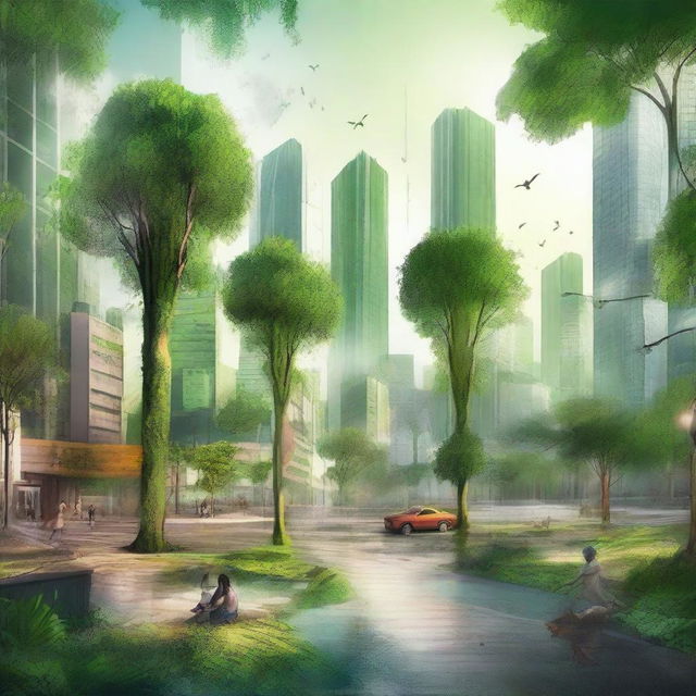 Create an artistic representation of 'The Intersection of Urbanism and Deforestation: Promoting Native Forest Projects'