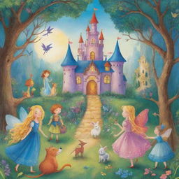 A vibrant illustration featuring a collection of enchanting fairy tales for children. Include a brightly colored storybook with classic characters, magical creatures, and whimsical elements.