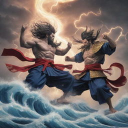 Scene depicting the epic fight between Raijin, the Shinto god of lightning, thunder, and storms, and Fujin, the Shinto god of the wind. Show their magnificent forms and the elemental power they control.