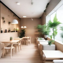 A minimalist and natural café designed to fit within a 40 square meter space, embracing minimalism with a focus on nature