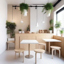 A minimalist and natural café designed to fit within a 40 square meter space, embracing minimalism with a focus on nature