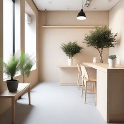 A minimalist and natural café designed to fit within a 40 square meter space, embracing minimalism with a focus on nature