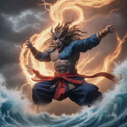 Scene depicting the epic fight between Raijin, the Shinto god of lightning, thunder, and storms, and Fujin, the Shinto god of the wind. Show their magnificent forms and the elemental power they control.