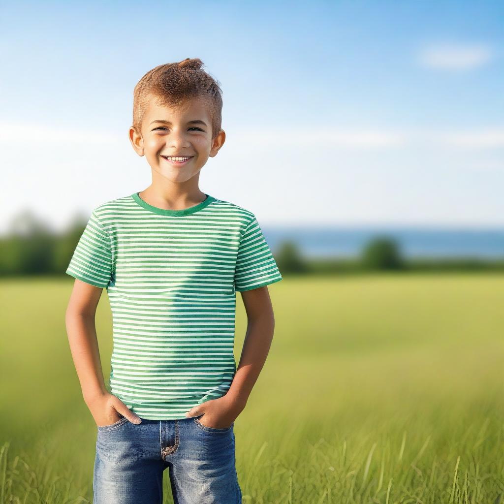 Create an image of a young boy with a cheerful expression, wearing casual clothes and standing in a bright, outdoor setting with a clear sky and green grass