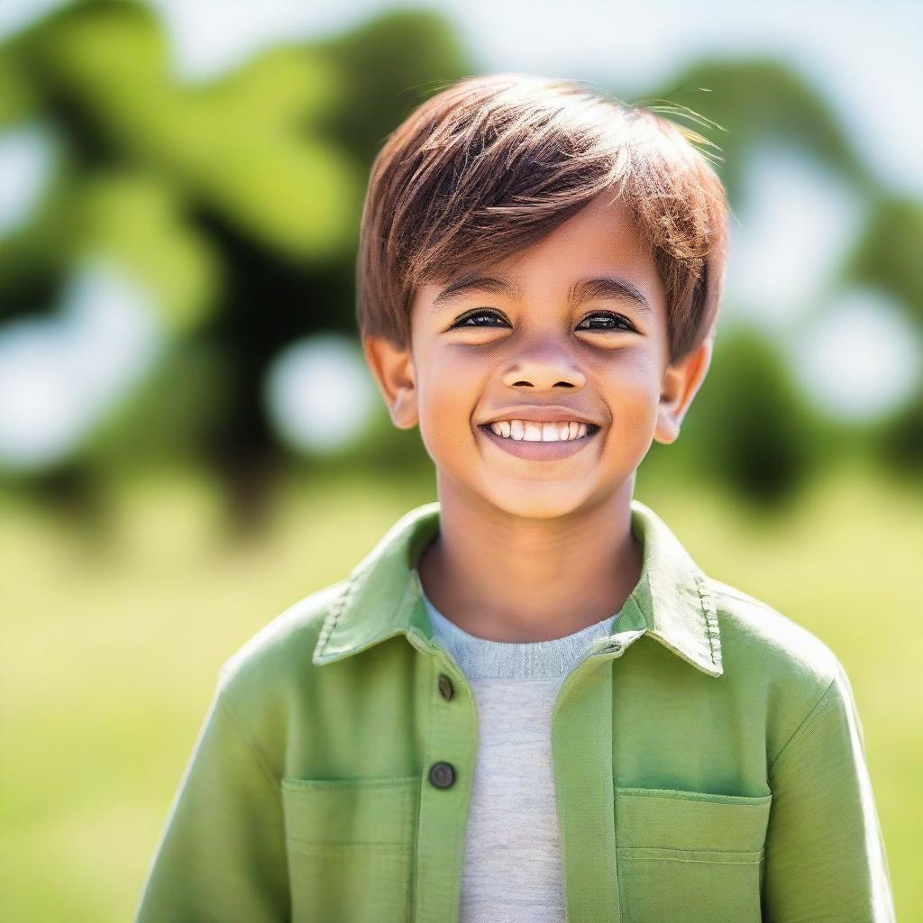 Create an image of a young boy with a cheerful expression, wearing casual clothes and standing in a bright, outdoor setting with a clear sky and green grass