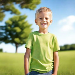 Create an image of a young boy with a cheerful expression, wearing casual clothes and standing in a bright, outdoor setting with a clear sky and green grass