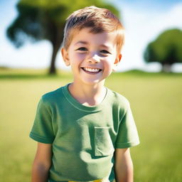 Create an image of a young boy with a cheerful expression, wearing casual clothes and standing in a bright, outdoor setting with a clear sky and green grass