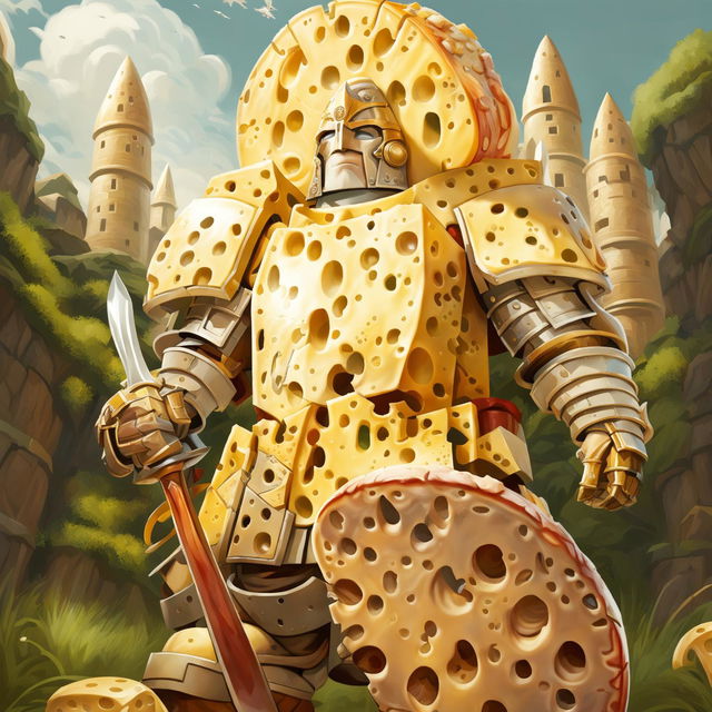 A Dungeons and Dragons Oath of Cheese paladin in armor made of various cheeses, wielding a cheese knife sword and a cheese wheel shield, set in a medieval fantasy landscape