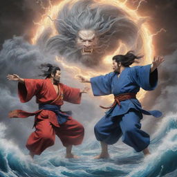 Scene depicting the epic fight between Raijin, the Shinto god of lightning, thunder, and storms, and Fujin, the Shinto god of the wind. Show their magnificent forms and the elemental power they control.