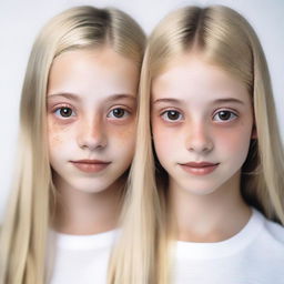 A close-up image of a blonde girl with brown eyes and another girl who looks the same but is 12 years old