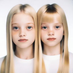 A close-up image of a blonde girl with brown eyes and another girl who looks the same but is 12 years old