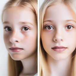 A close-up image of a blonde girl with brown eyes and another girl who looks the same but is 12 years old