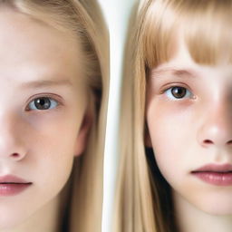 A close-up image of a blonde girl with brown eyes and another girl who looks the same but is 12 years old