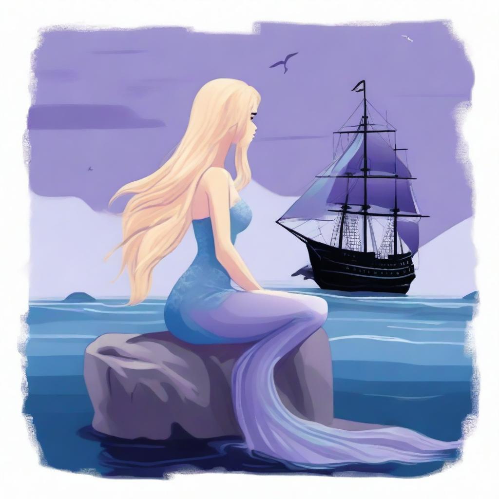 A mermaid with long blonde hair sitting on a rock in the sea