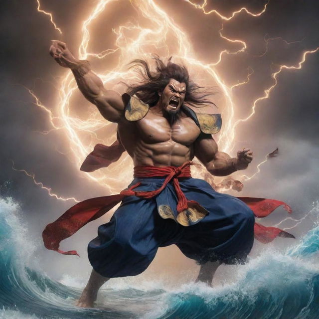 Scene depicting the epic fight between Raijin, the Shinto god of lightning, thunder, and storms, and Fujin, the Shinto god of the wind. Show their magnificent forms and the elemental power they control.