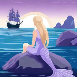 A mermaid with long blonde hair sitting on a rock in the sea