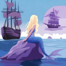 A mermaid with long blonde hair sitting on a rock in the sea